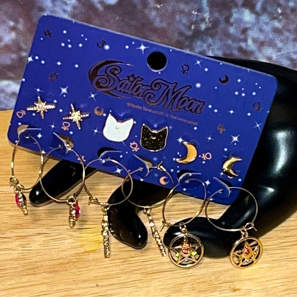 Sailor Moon Heart Key Crescent Charm Hoop & Stud Earrings 3Pack Set By Toei